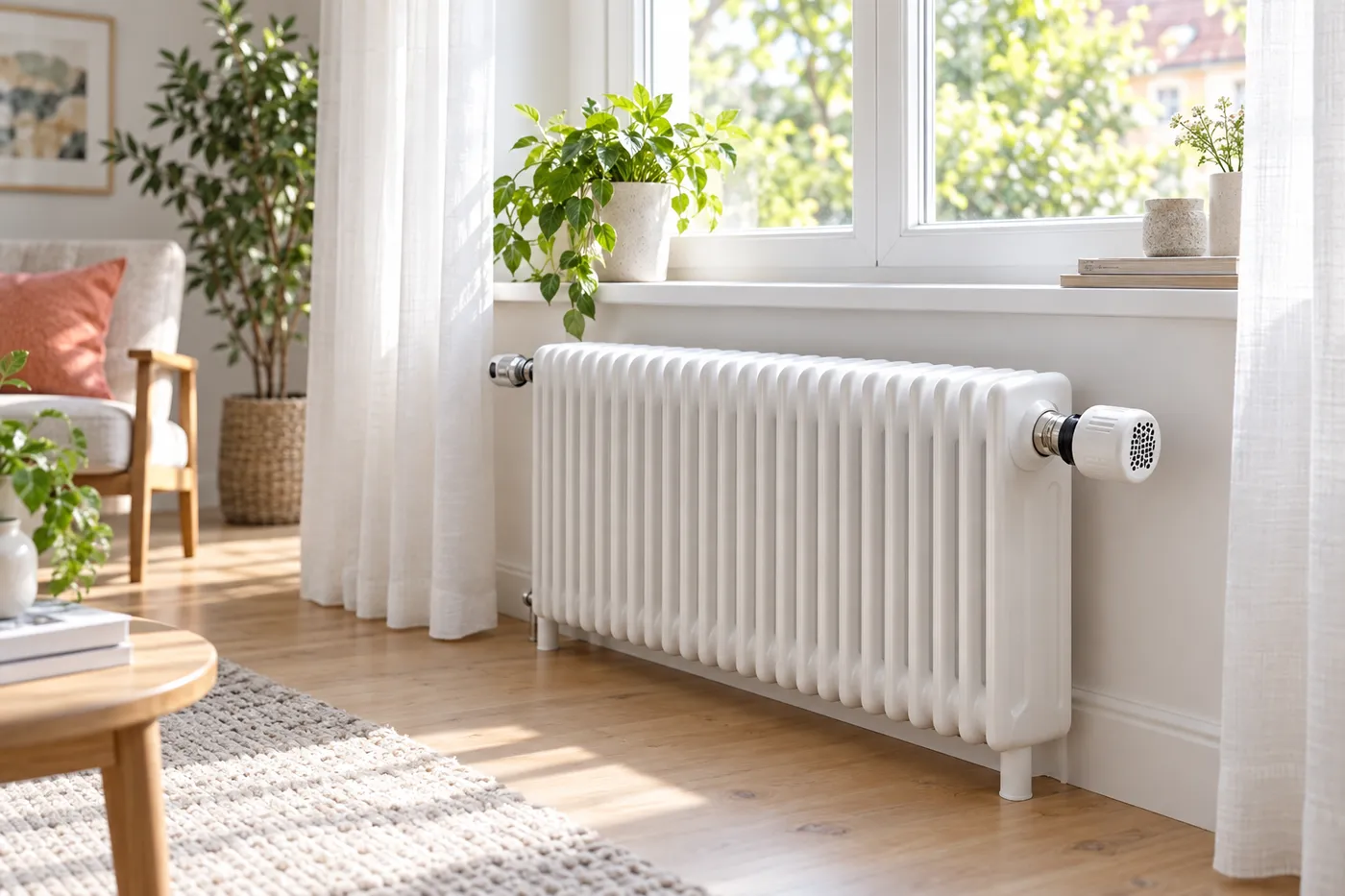 Radiateur blanc à colonnes équipé d'un robinet thermostatique sous une fenêtre de séjour