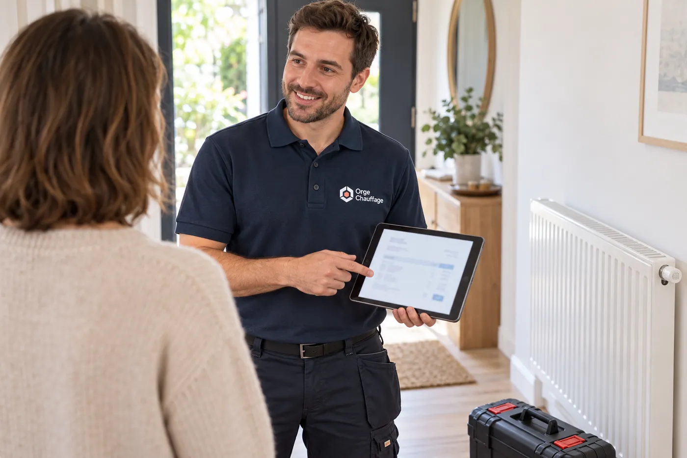 Chauffagiste en polo Orge Chauffage présentant un devis sur tablette dans l'entrée d'une maison
