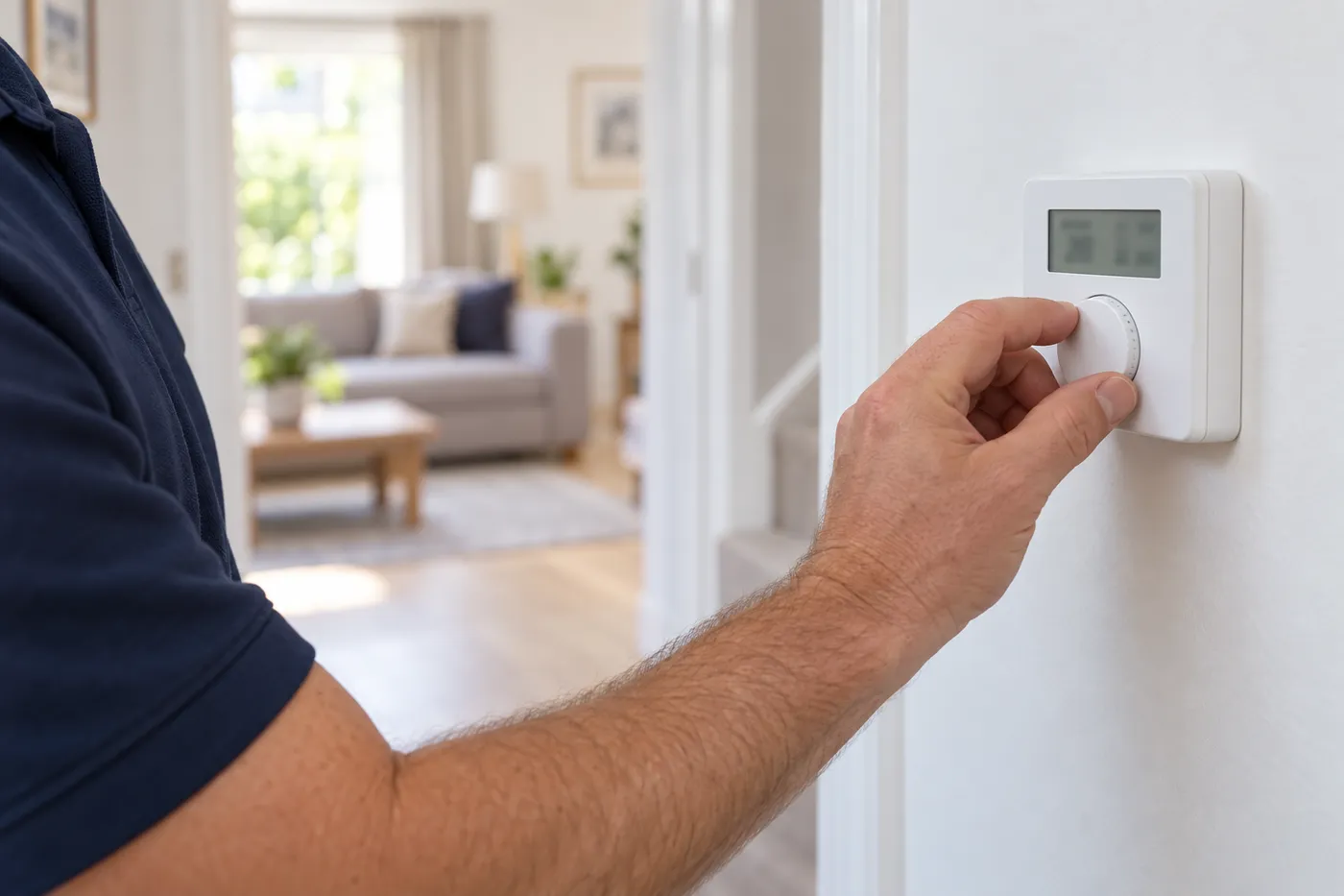 Réglage d'un thermostat d'ambiance programmable blanc fixé au mur d'un couloir