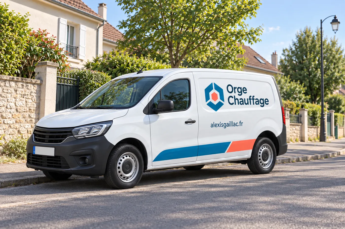 Utilitaire blanc aux couleurs d'Orge Chauffage garé dans une rue pavillonnaire